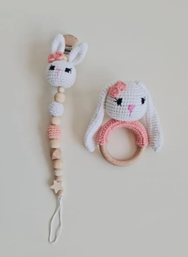 100% Cotton Handmade Crochet Baby Rattle and Pacifier Gift Set