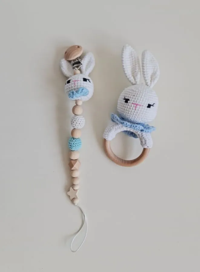 100% Cotton Handmade Crochet Baby Rattle and Pacifier Gift Set