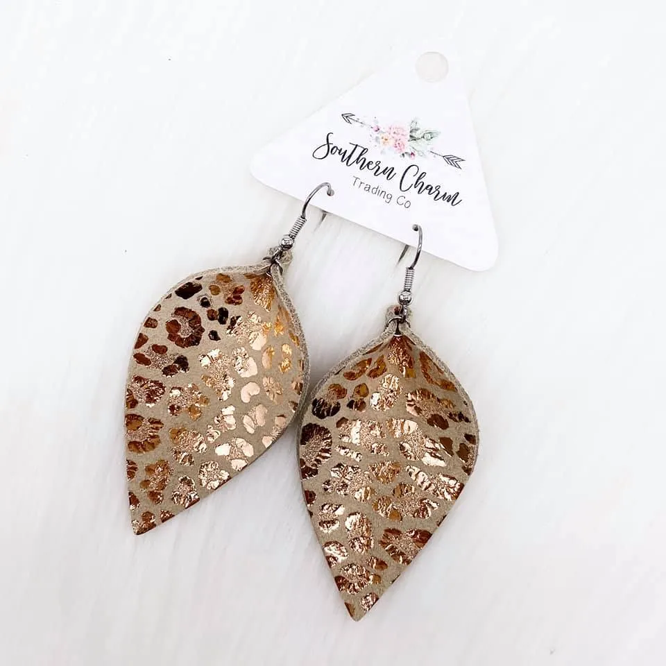 2.5” Metallic Leopard Petal Earrings - Rose Gold