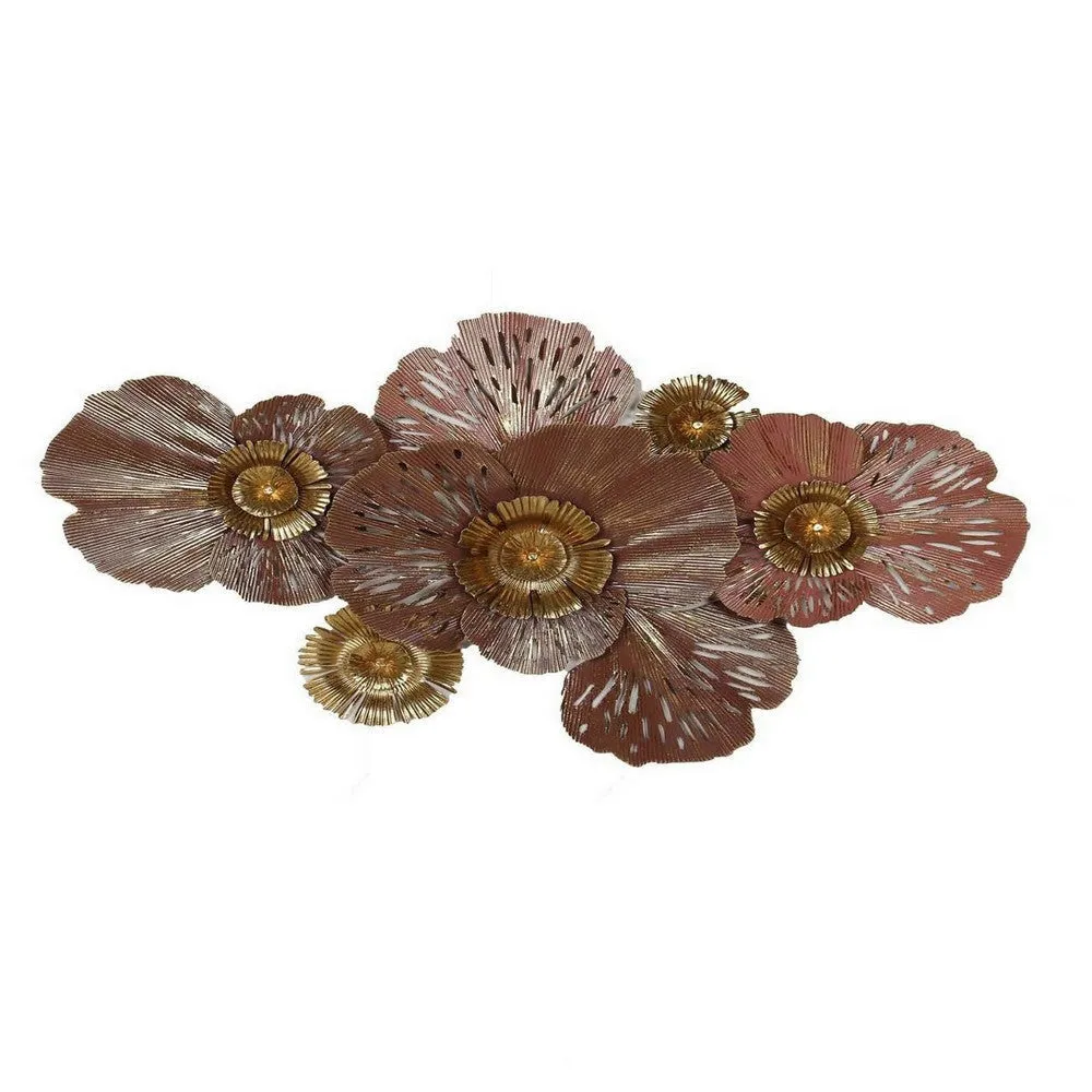 45 Inch Hanging Wall Art Decor, 3D Multiple Flowers, Metal, Brown, Gold By Casagear Home