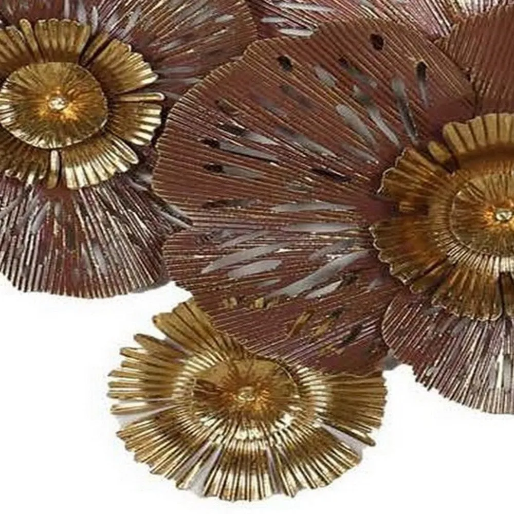 45 Inch Hanging Wall Art Decor, 3D Multiple Flowers, Metal, Brown, Gold By Casagear Home