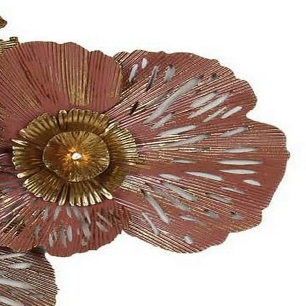 45 Inch Hanging Wall Art Decor, 3D Multiple Flowers, Metal, Brown, Gold By Casagear Home