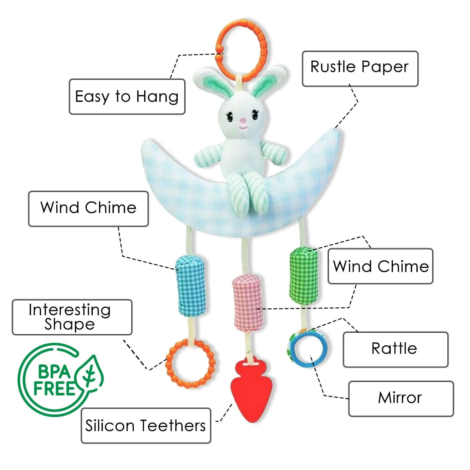 Baby Moo Bunny On Moon Wind Chime Hanging Toy With Teether - Blue