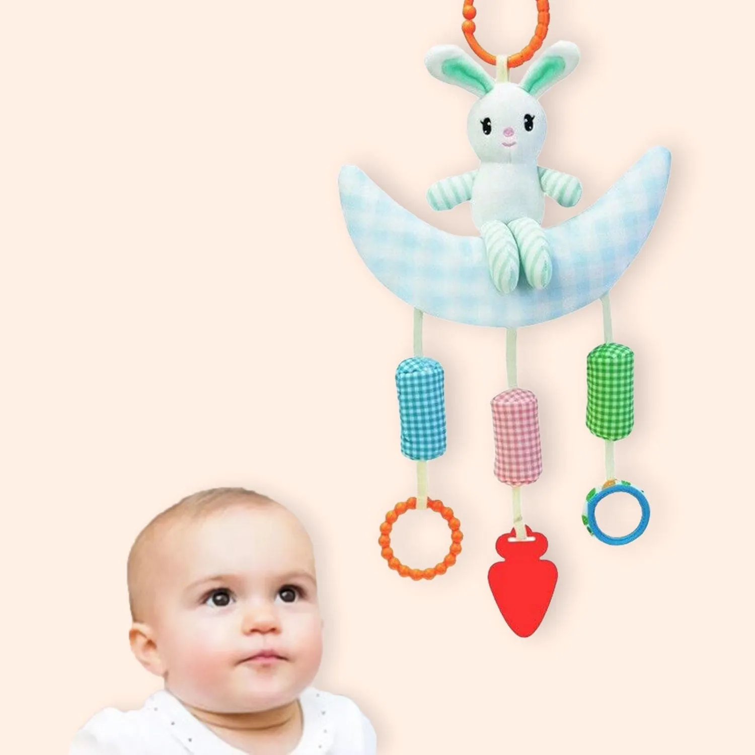 Baby Moo Bunny On Moon Wind Chime Hanging Toy With Teether - Blue