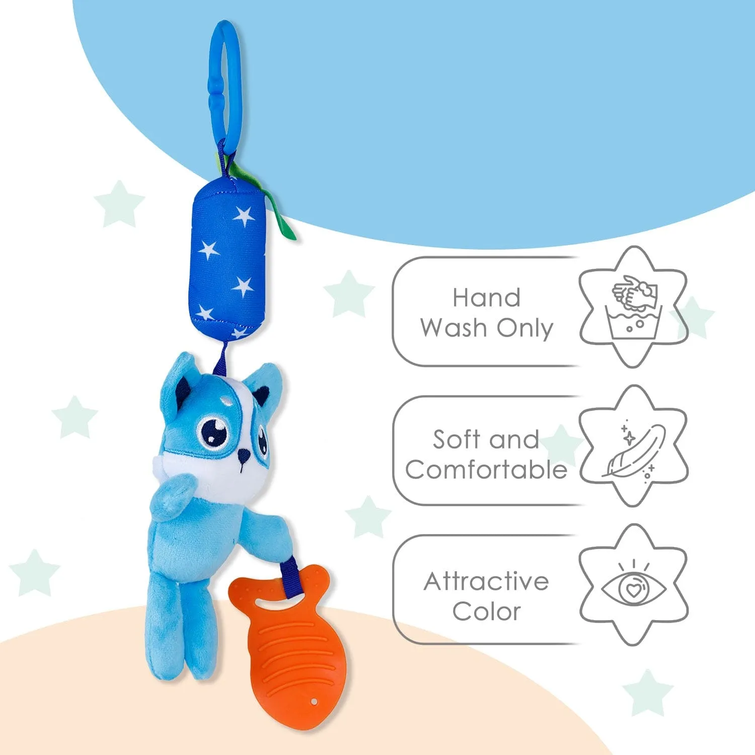 Baby Moo Wolf Sensory Wind Chime Hanging Toy With Teether - Blue