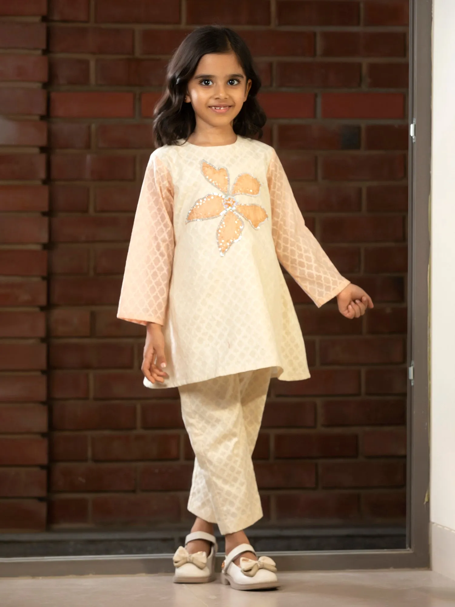 Cream Embroidered Patch Kurta Set - Girls