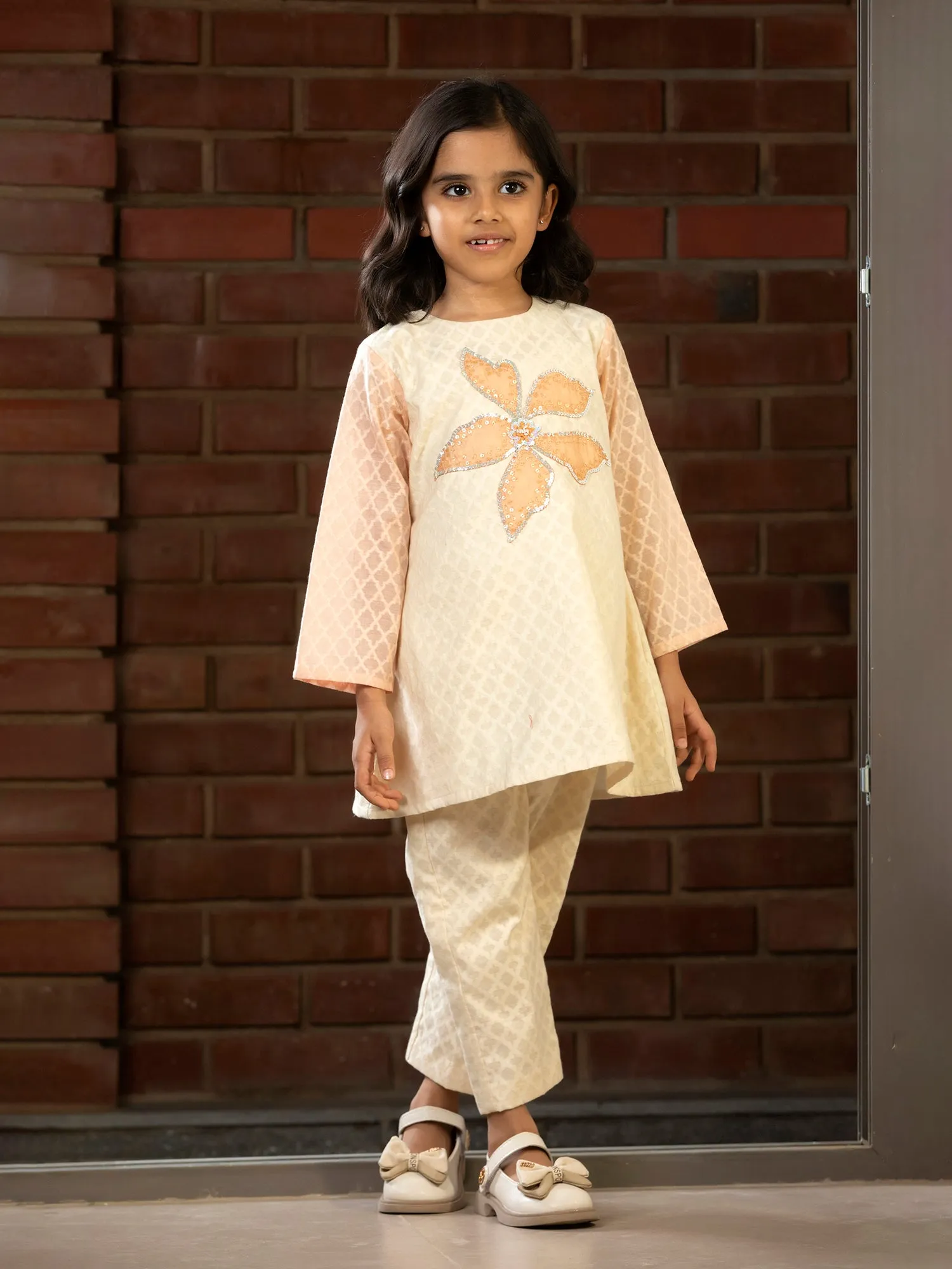 Cream Embroidered Patch Kurta Set - Girls