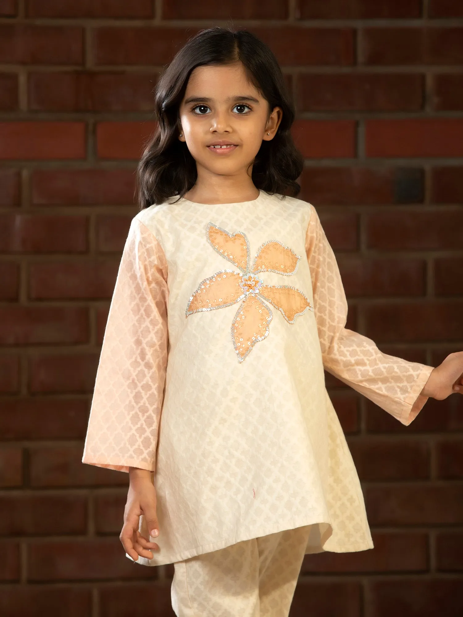 Cream Embroidered Patch Kurta Set - Girls