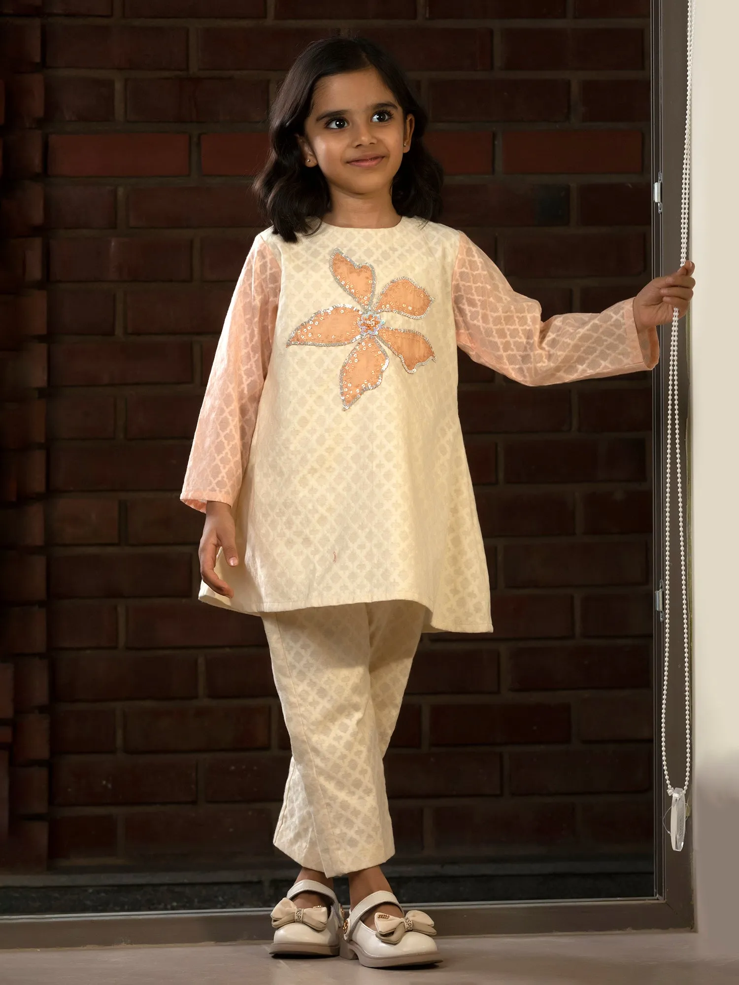 Cream Embroidered Patch Kurta Set - Girls