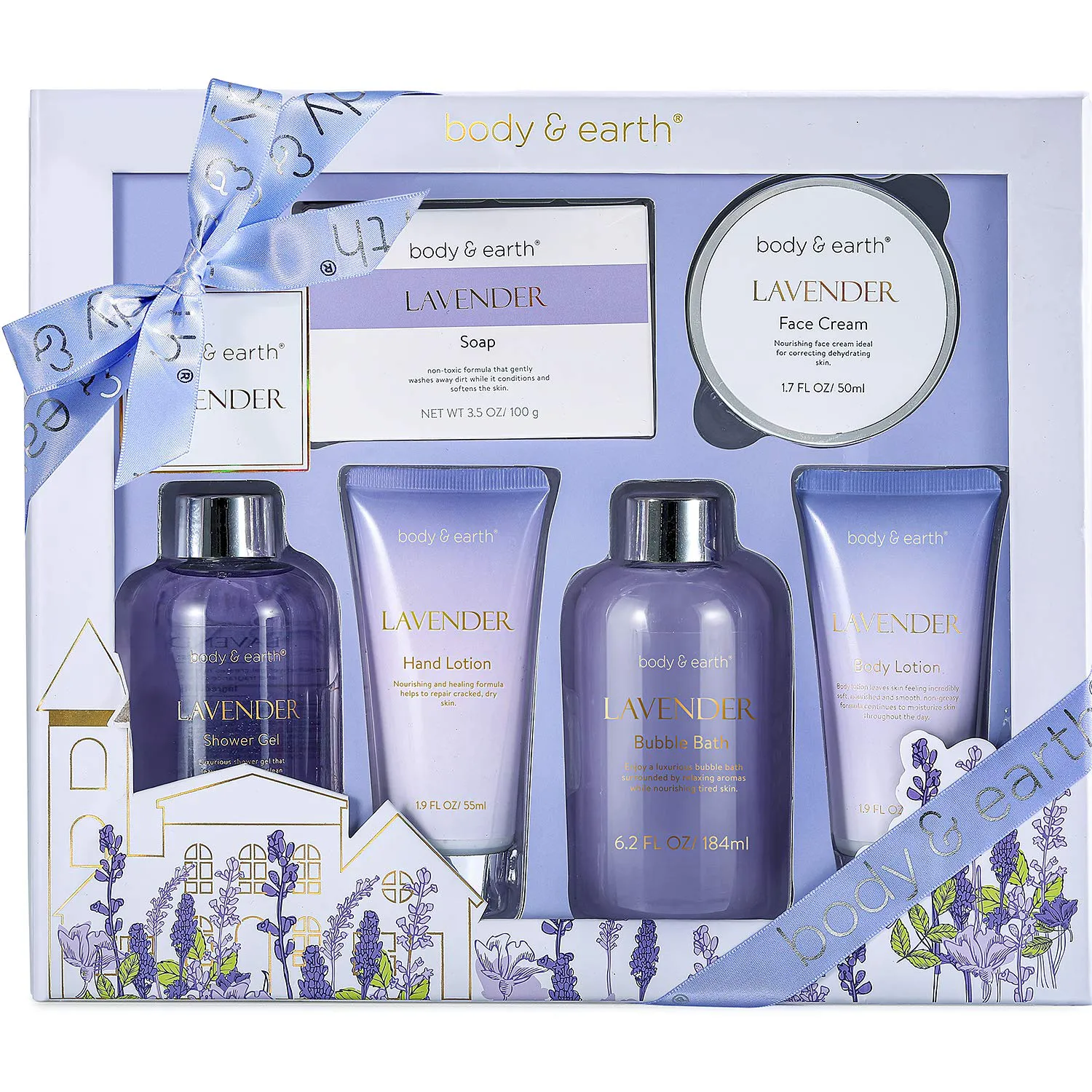 Gift Box for Women - Bath and Body Gifts for Women, Body & Earth Luxurious 6 Pcs Spa Gift Set Lavender Scent with Bubble Bath, Shower Gel, Hand&Face Cream, Body Lotion, Self Care Women Christmas Gifts