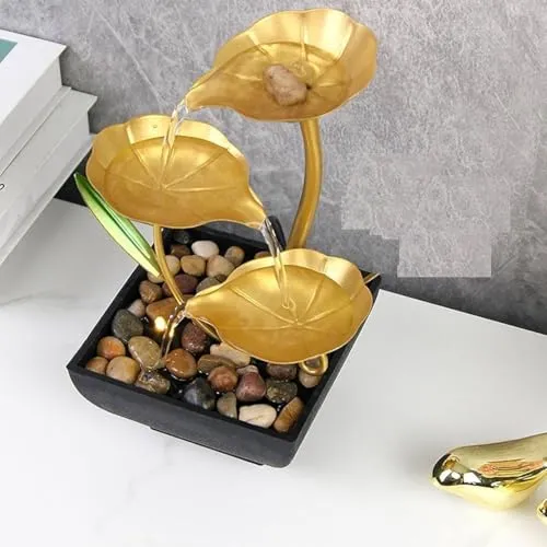 Holy Delight Golden Metal Table Top Water Fountain, Table Fountain with LED Lights Adds Serenity