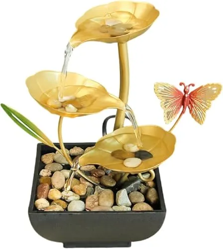 Holy Delight Golden Metal Table Top Water Fountain, Table Fountain with LED Lights Adds Serenity