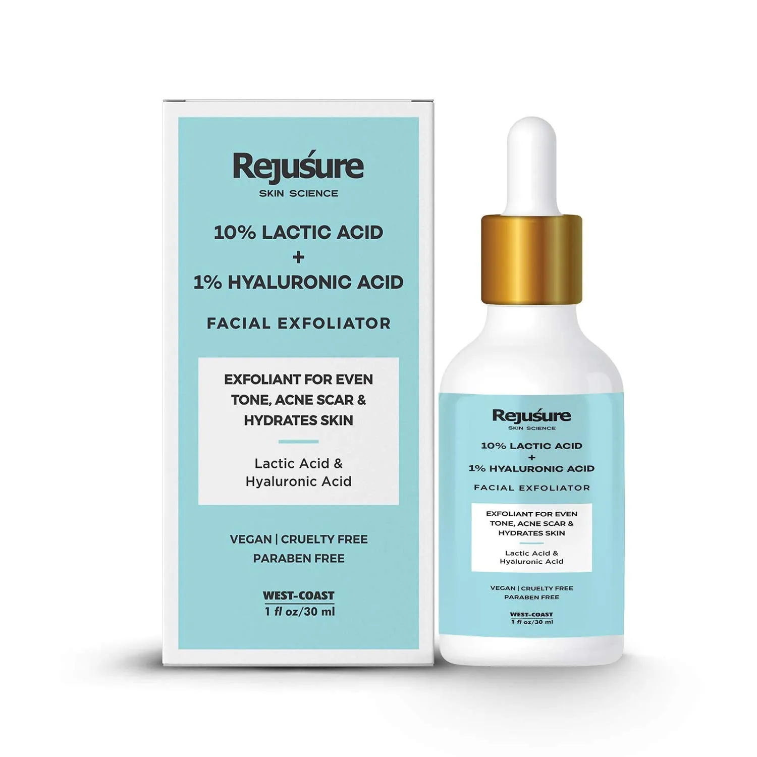 Rejusure Lactic Acid 10%   Hyaluronic Acid 1% Facial Exfoliator - Hydrating and Rejuvenating Serum | Even Tone | Acne Care | Skin Hydration - Ideal for Sensitive, Dry & Oily Skin | 30ml