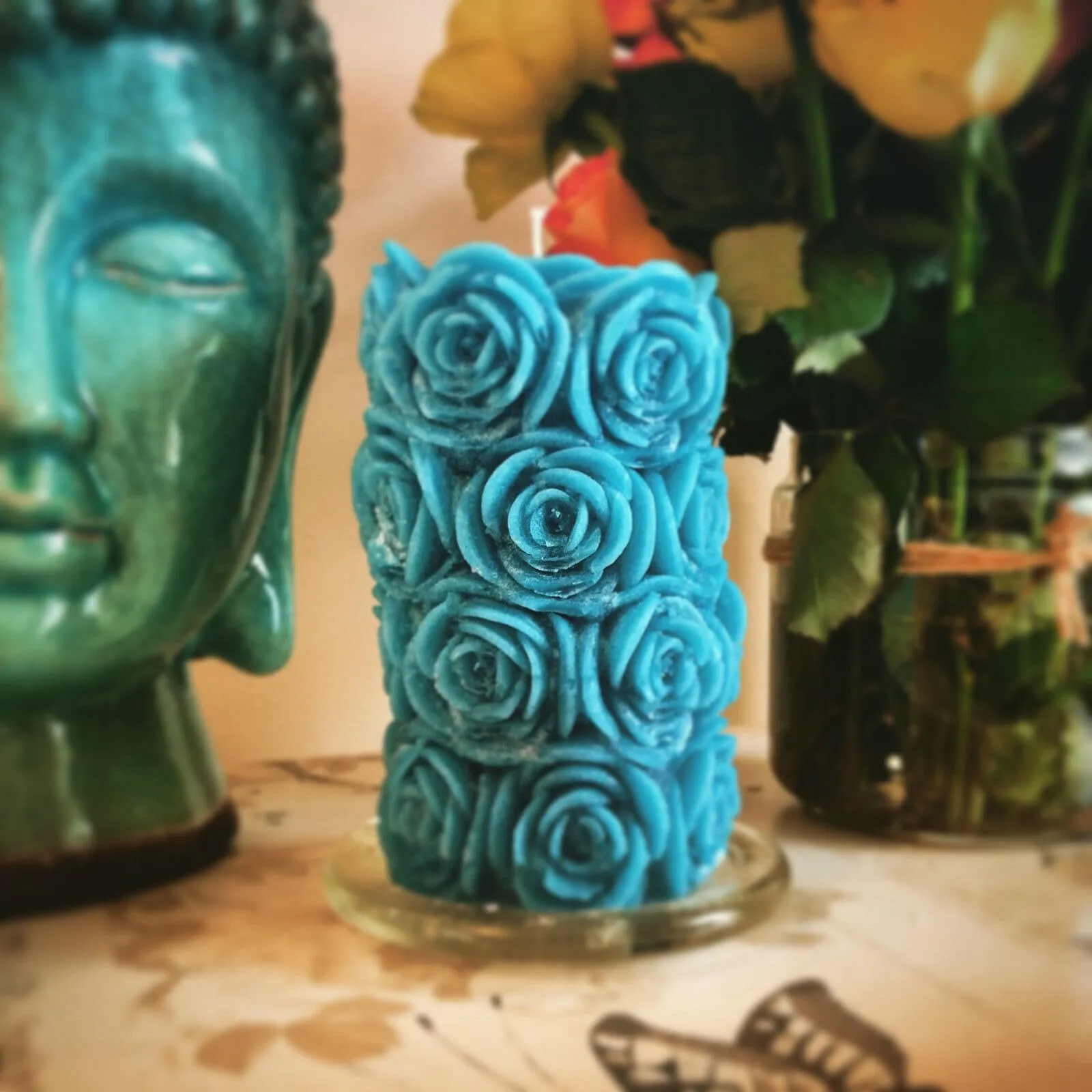 The Decor Affair 1 Pcs Pillar Scented Candle Carved to Perfection, Emitting The Calming and Meditative Blue Rose Fragrance, Enlivening Your Senses with Every Illuminated Moment