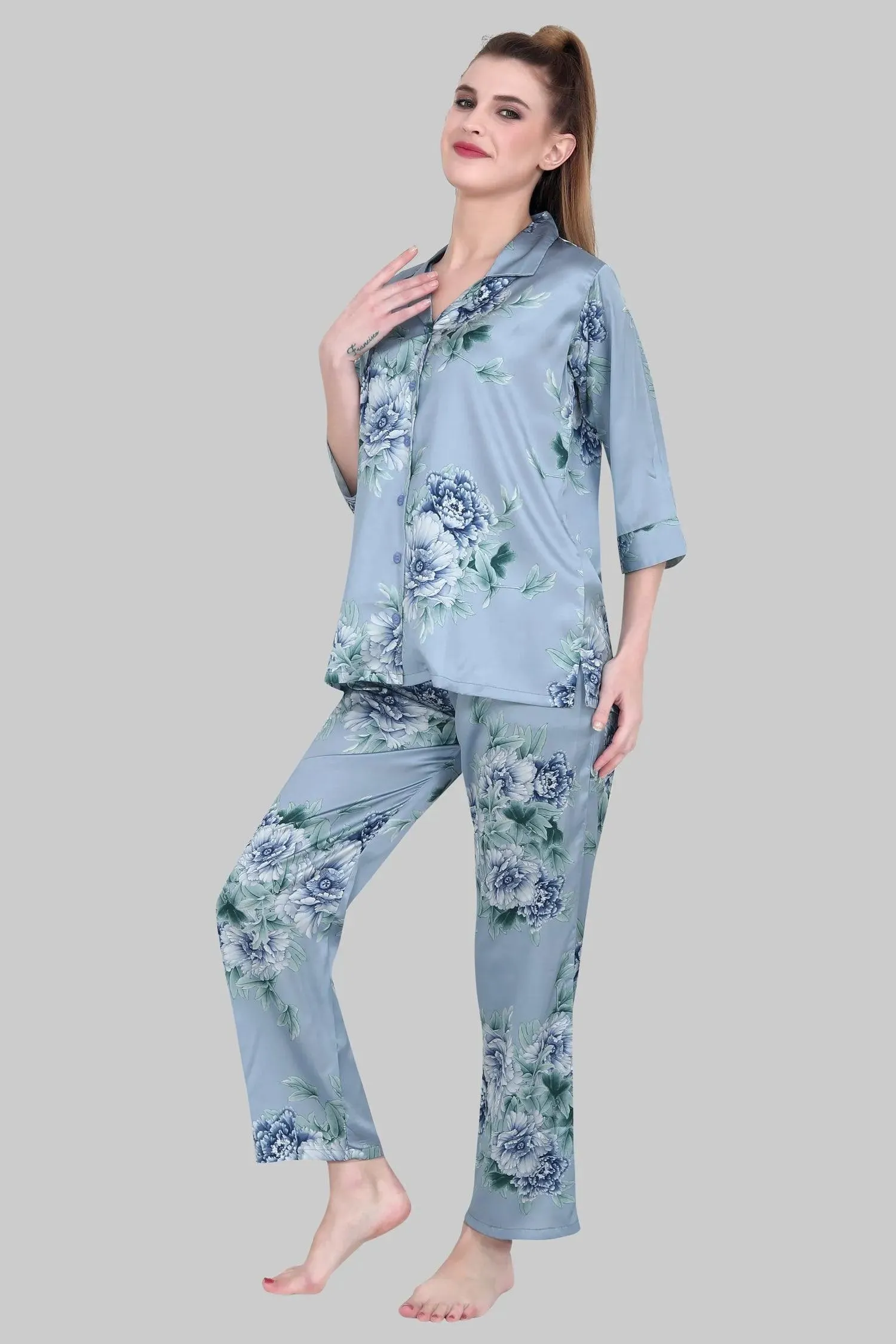 Velure Appealing Floral Print Satin Night Suit