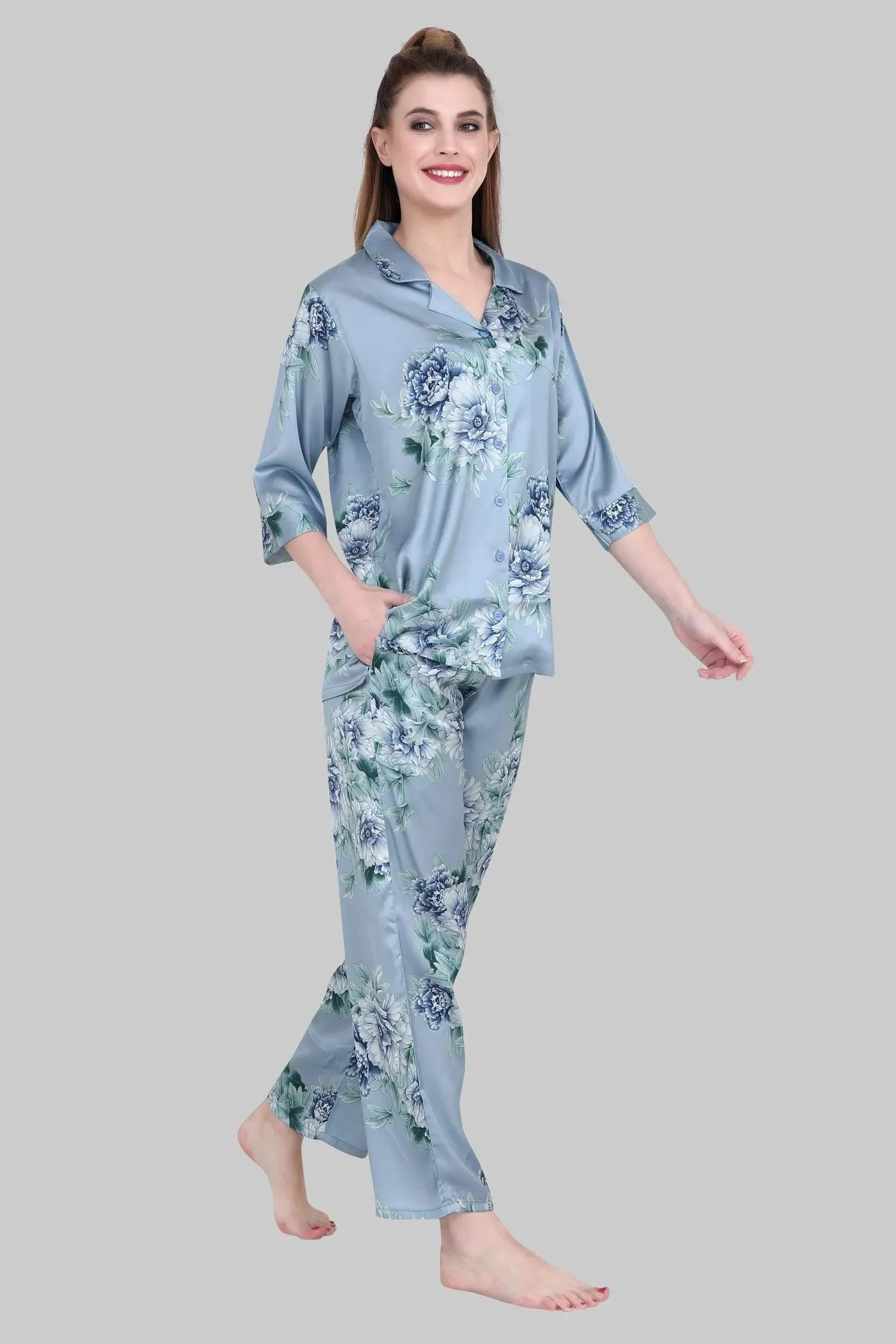 Velure Appealing Floral Print Satin Night Suit