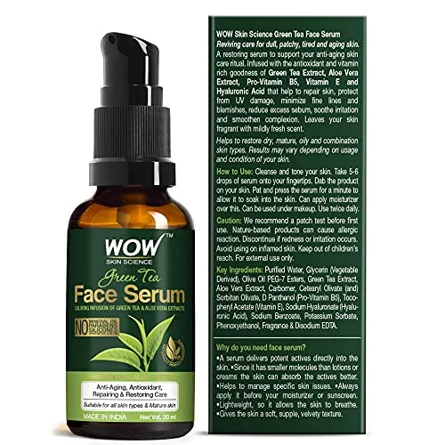 WOW Skin Science Green Tea Face Serum | Aloe Vera Extract with Pro Vitamin B5 & Vitamin E | Anti Aging, Skin Repair | Blemishes, Fine Lines, Smooth Skin | No Parabens | 30 ml